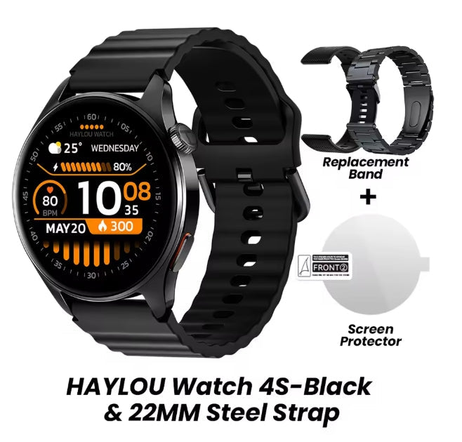 Black HAYLOU smartwatch shown with a replacement black band and a clear screen protector on a white background, with text reading 'HAYLOU Watch 4S-Black & 22MM Steel Strap'.
