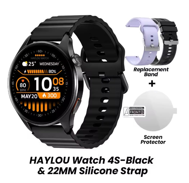 Black HAYLOU smartwatch with a black silicone strap, shown alongside a replacement lavender band, a black band, and a screen protector on a white background.