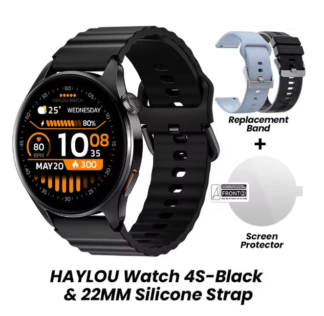 Black HAYLOU smartwatch with a black silicone strap, shown alongside replacement bands and a screen protector on a white background with product text.