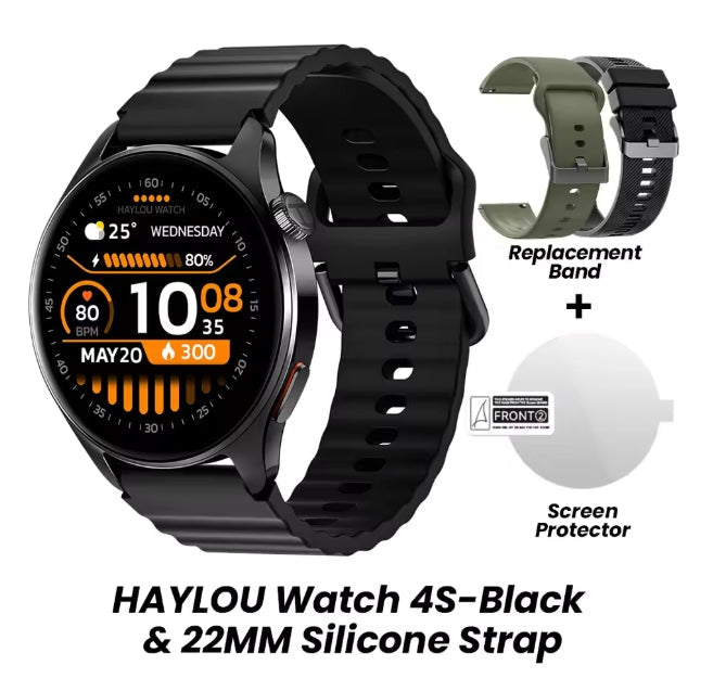 Black HAYLOU smartwatch shown with a black silicone strap, plus a replacement band in olive green and a white screen protector, on a white background with product text.