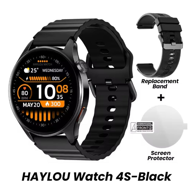 Black Haylou Watch 4S smartwatch with a black silicone strap, shown alongside a replacement black band, a clear screen protector, and text reading 'HAYLOU Watch 4S-Black' on a white background.