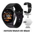 Black Haylou Watch 4S smartwatch with a black silicone strap, shown alongside a replacement black band, a clear screen protector, and text reading 'HAYLOU Watch 4S-Black' on a white background.