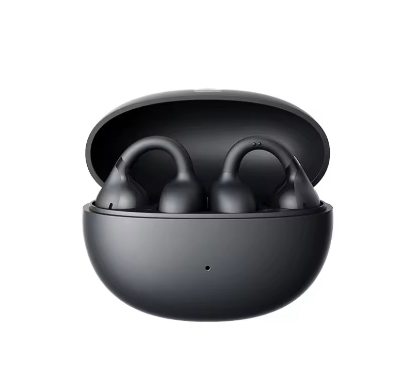 Black wireless earbuds in an open charging case, shown on a plain white background.
