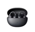 Black wireless earbuds in an open charging case, shown on a plain white background.
