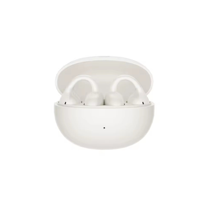 White wireless earbuds in an open oval charging case on a plain white background.