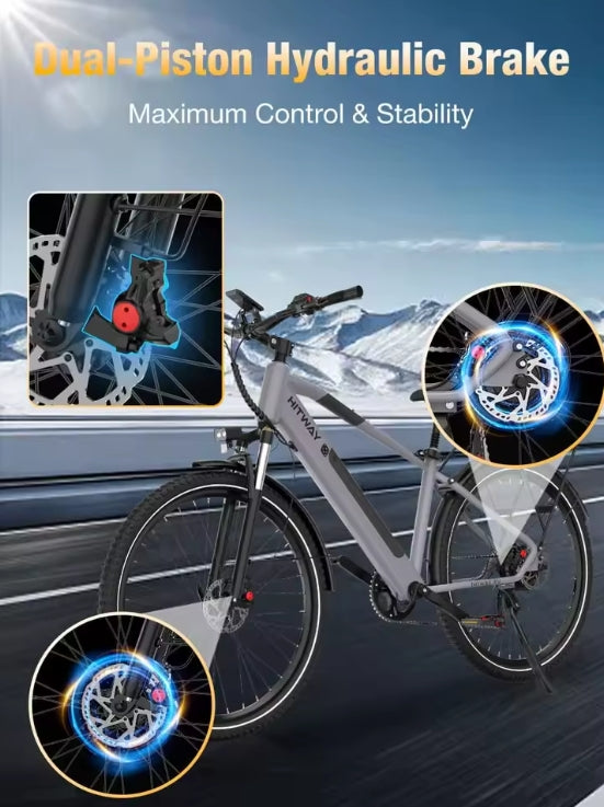 BK7S PLUS HITWAY 29” E‑bike Electric Bike Electric bicycle with dual-piston hydraulic brake system on a road background