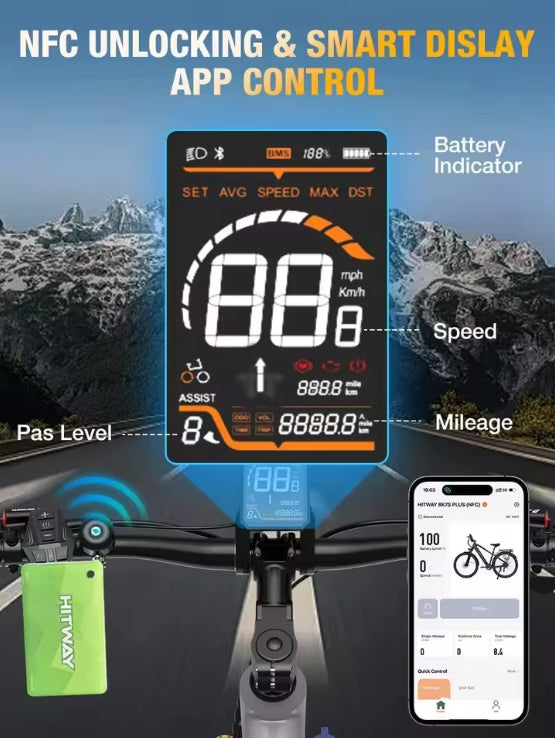 BK7S PLUS HITWAY 29” E‑bike Electric Bike Bicycle speedometer with digital display and NFC tag, set against a mountainous landscape.