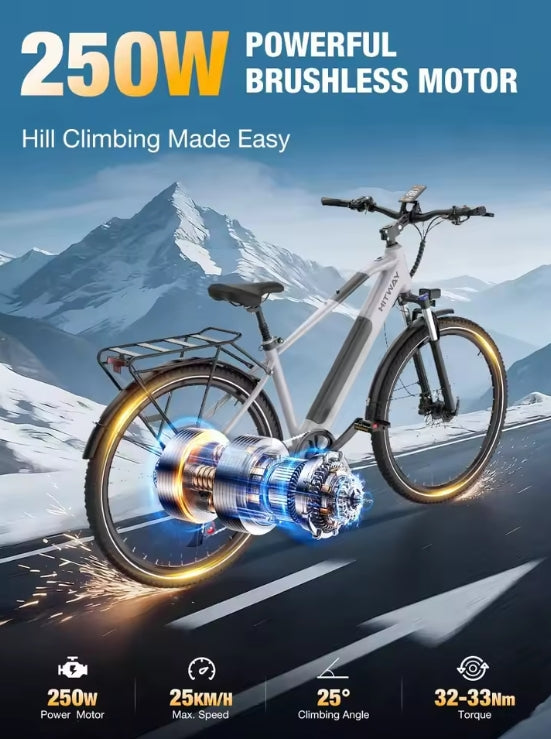 BK7S PLUS HITWAY 29” E‑bike Electric Bike with 250W powerful brushless motor on a mountain road background