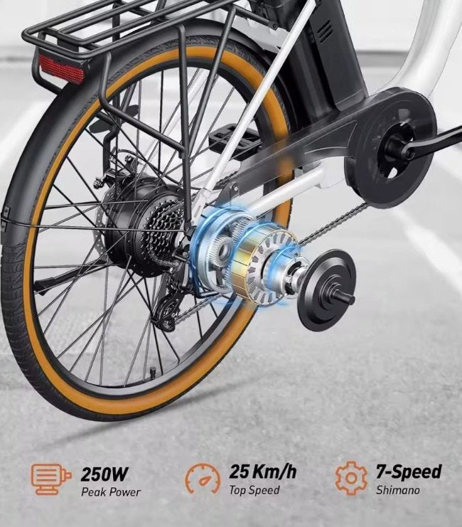 Close-up of a White DYU C6 Pro E-Bike electric bicycle wheel with gear and chain mechanism on a light gray background