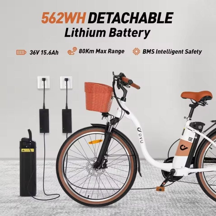 White DYU C6 Pro E-Bike Electric bike with detachable lithium battery on a gray background
