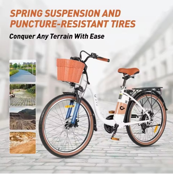 White DYU C6 Pro E-Bike Electric bike with suspension and puncture-resistant tires on a gray background