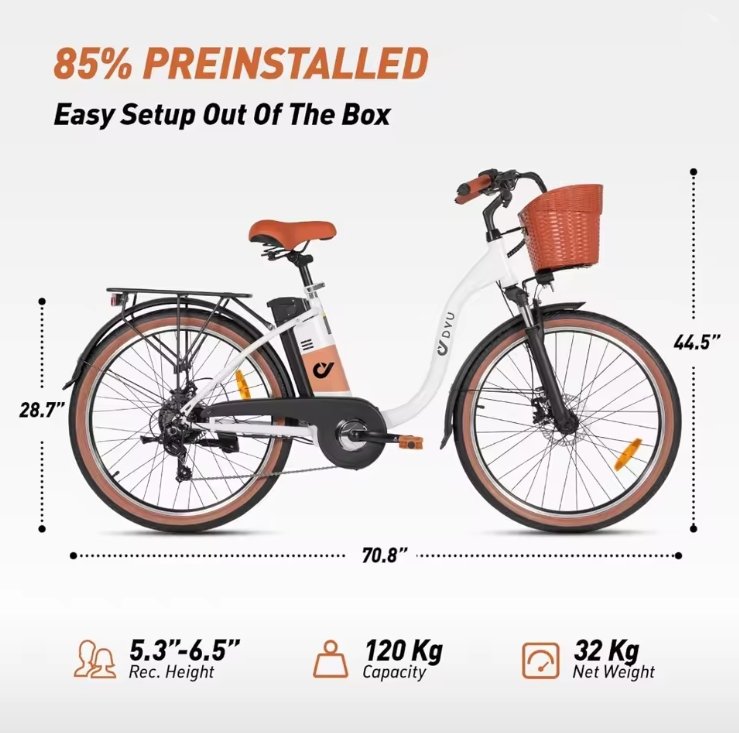 White DYU C6 Pro E-Bike Electric bike with dimensions and features displayed on a white background