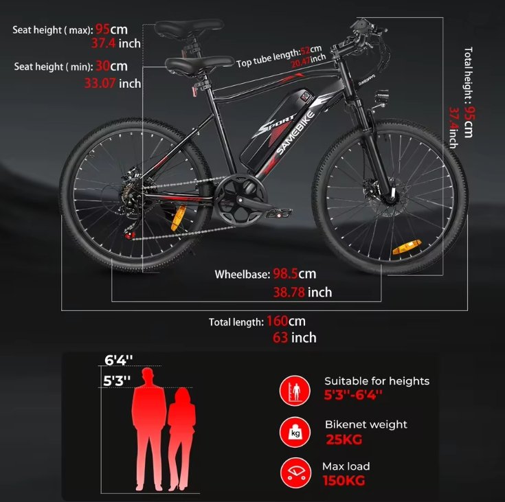 SAMEBIKE EBE2 E-Bike Electric Bicycle with measurement details on a dark background
