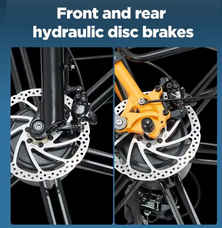RANDRIDE YX80 Electric Bicycle front and rear hydraulic disc brakes with text on a blue background