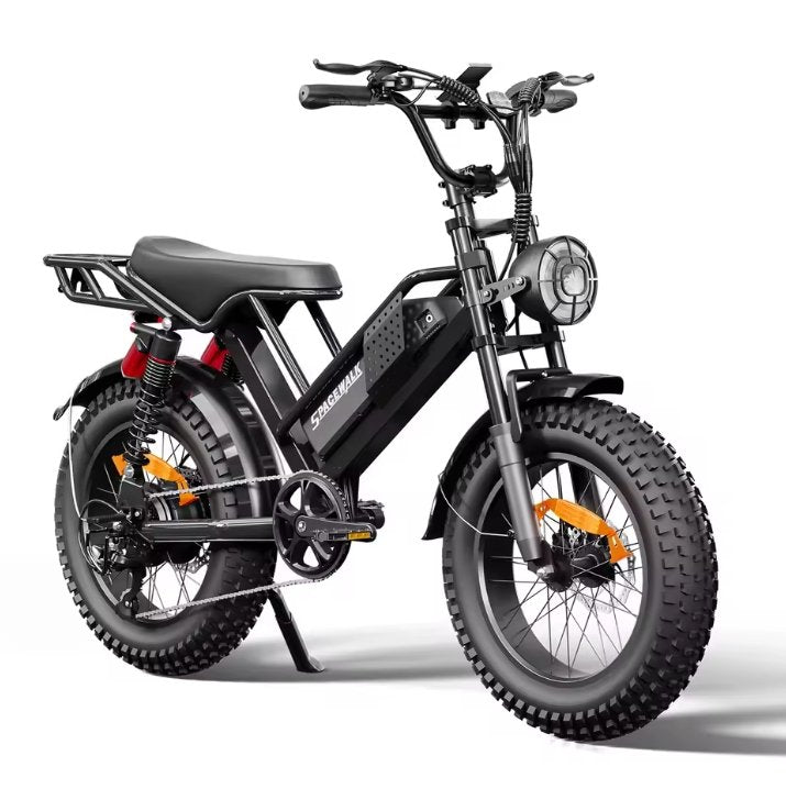 Spacewalk 1500W Black electric bike with orange accents on a white background