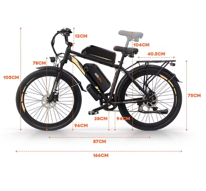 EMOKO EC27 Electric bicycle with dimensions marked on a white background