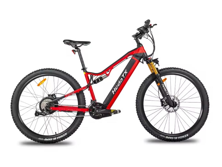 Red HedaTX TX19 electric mountain bike with black components on a white background