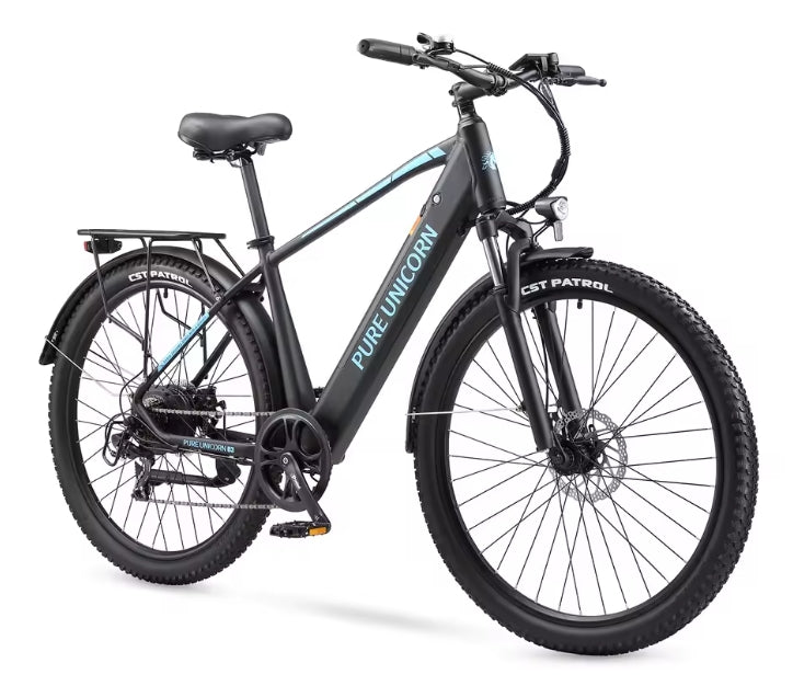Black PURE UNICORN U3 electric bicycle with 'Pure Unicorn' branding on a white background