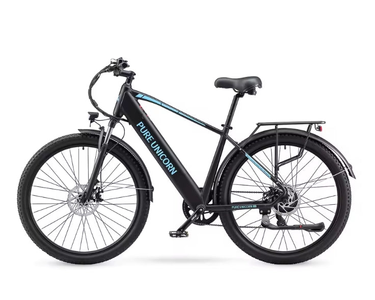 Black PURE UNICORN U3 electric bike with 'PURE UNICORN' branding on a white background