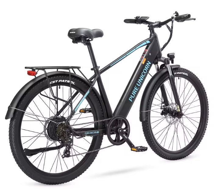Black PURE UNICORN U3 electric bicycle with 'PURE UNICORN' branding on a white background