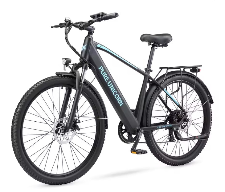 Black PURE UNICORN U3 electric bicycle with 'PURE UNICORN' branding on a white background