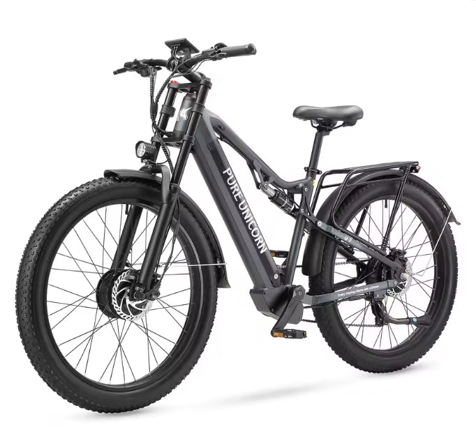 Black PURE UNICORN U7 electric bike with 'PUREUNICORN' branding on a white background