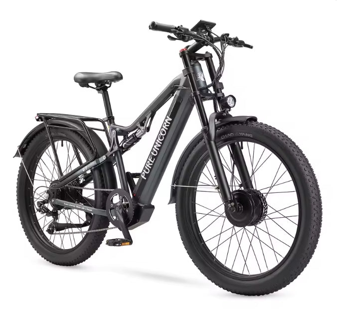 Black PURE UNICORN U7 Electric bike with 'PURE UNICORN' branding on a white background