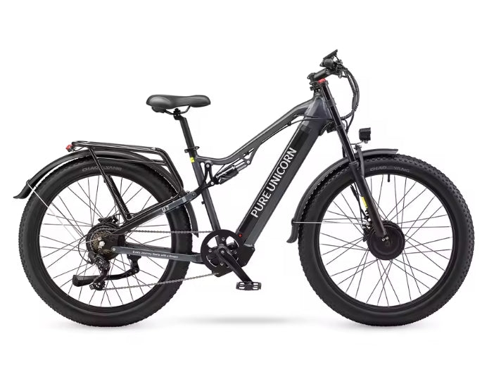 Black PURE UNICORN U7 electric bike with 'Unicorn' branding on a white background