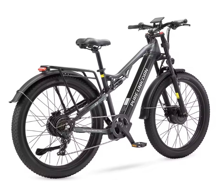 Black PURE UNICORN U7  electric bicycle with 'PURE UNICORN' branding on a white background