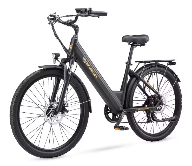 Black PURE UNICORN U2 electric bicycle with 'White Unicorn' branding on a white background