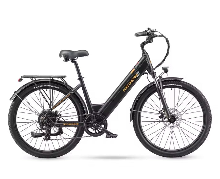 Black PURE UNICORN U2 electric bicycle on a white background