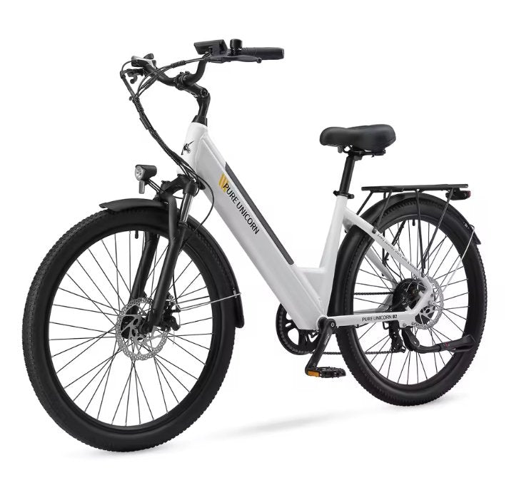 White PURE UNICORN U2 electric bike with black accents on a white background