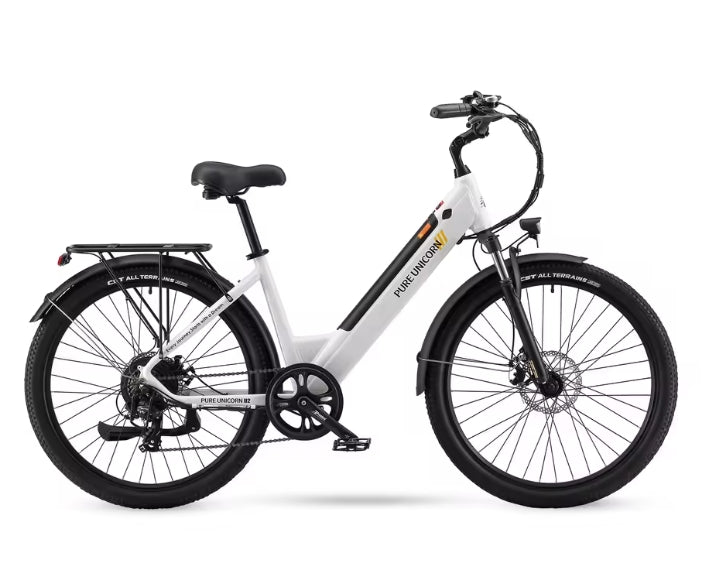White PURE UNICORN U2 electric bicycle with black accents on a white background