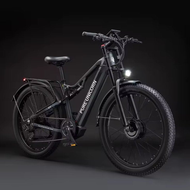 Black e-bike electric PURE UNICORN U7 bicycle with 'PURE UNICORN' branding on a dark background
