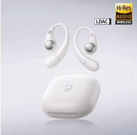 Baseus Eli Sport 2 Open-Ear Wireless Earphones in starlight off-white with charging case featuring Hi-Res Audio Wireless and LDAC badges