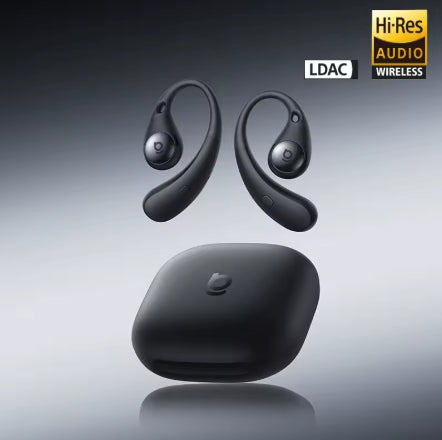 Baseus Eli Sport 2 Open-Ear Wireless Earphones in Cosmic Black with charging case featuring Hi-Res Audio Wireless and LDAC badges