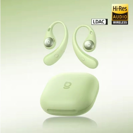 Baseus Eli Sport 2 Open-Ear Wireless Earphones in natural green with charging case featuring Hi-Res Audio Wireless and LDAC badges