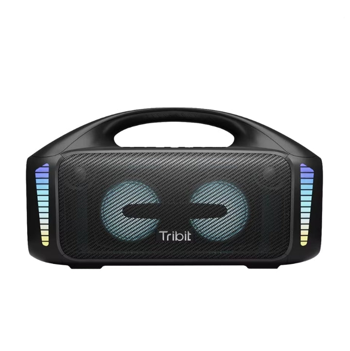 Tribit StormBox Blast 90W outdoor wireless Bluetooth speaker in black, featuring dual illuminated circular drivers with blue and purple LED accent lighting on the side panels and an integrated top carrying handle.