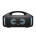 Tribit StormBox Blast 90W outdoor wireless Bluetooth speaker in black, featuring dual illuminated circular drivers with blue and purple LED accent lighting on the side panels and an integrated top carrying handle.