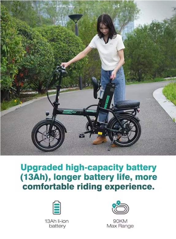 HITWAY BK5SL Electric Bike being held upright by a person holding the battery with txt about how long the battery life is on a road in a suburban city