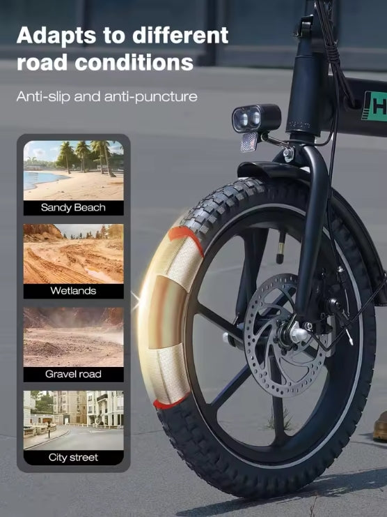 HITWAY BK5SL Electric Bike showing its tires and how it adapts to different road conditions on grey background