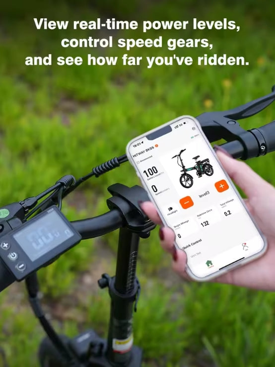 Person holding a smartphone with an app interface for a HITWAY BK5SL Electric Bike, showing real-time power levels and speed gears.