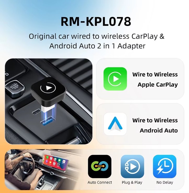 Car adapter for wireless CarPlay and Android Auto with product details on a white background.
