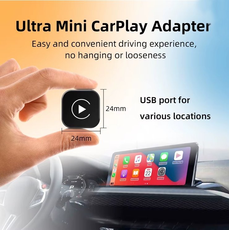 An ultra mini CarPlay adapter shown being held between fingers for scale, with text indicating 24mm by 24mm size and a CarPlay display on a car dashboard in the background.