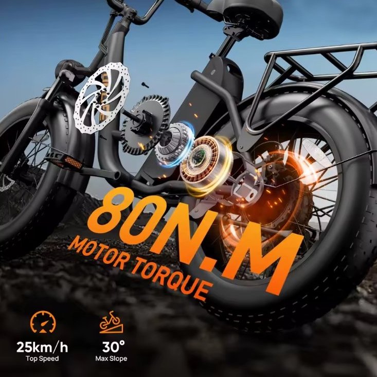 URLIFE E20 Pro electric bike showing 80Nm motor torque breakdown, 25 km/h top speed, and 30-degree incline capacity