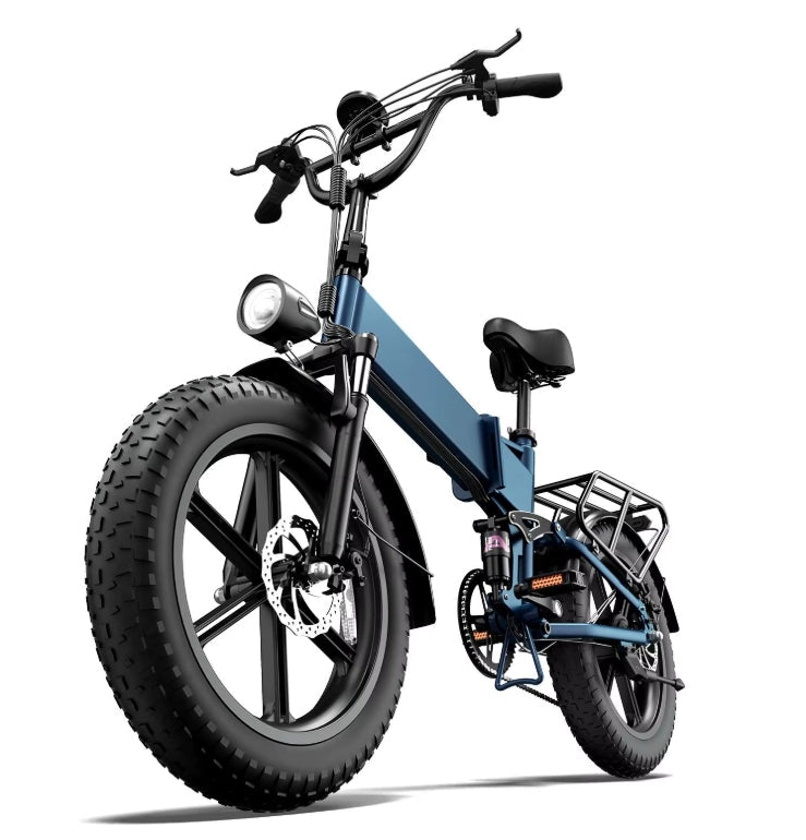 Urlife T5 folding electric bike in Blue with fat tyres and rear rack