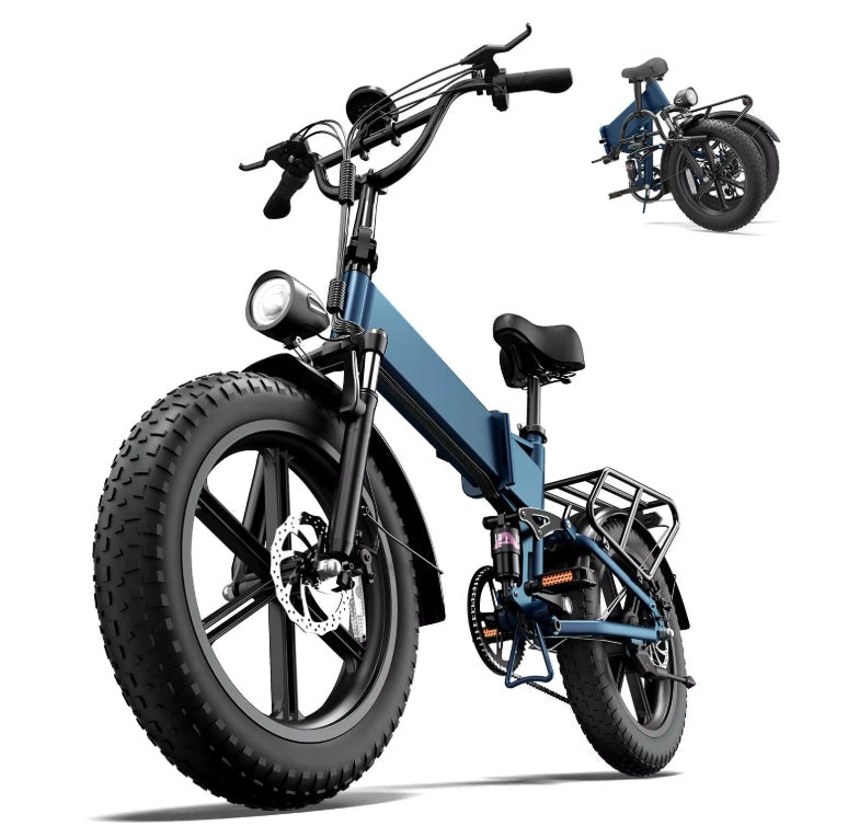 Urlife T5 Blue folding electric bike unfolded with inset showing folded compact state