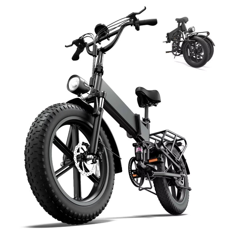 Urlife T5 black folding electric bike unfolded with inset showing folded compact state