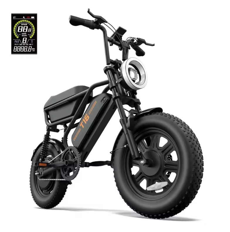 Profile view of the black Urlife T16 electric commuting bike highlighting the rear dual suspension shocks, fat tyres, frame geometry, and digital speed display inset.