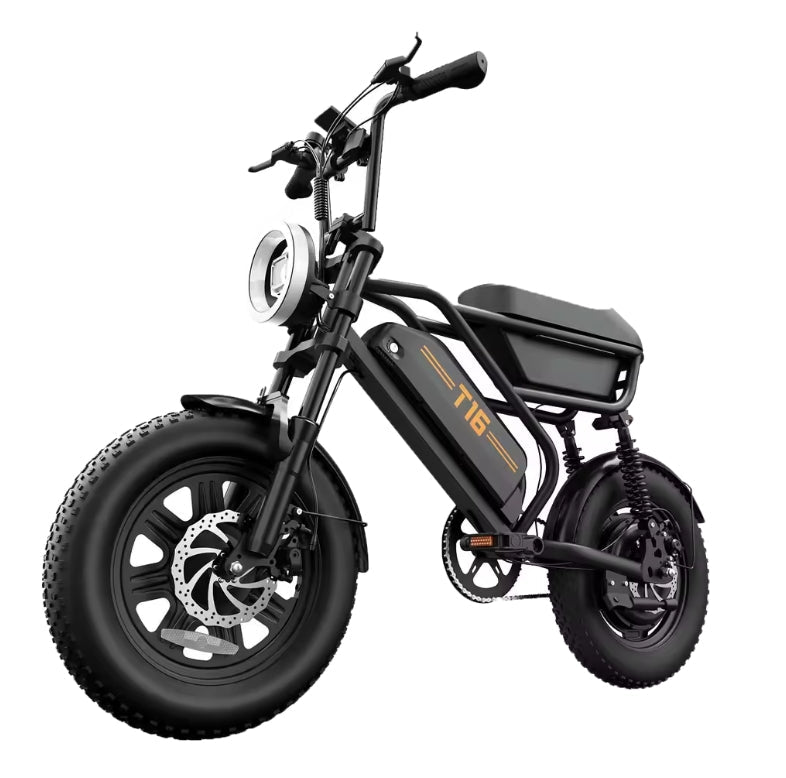 Urlife T16 250W electric city bike in black, featuring wide fat tyres, front suspension fork, circular halo LED headlight, and disc brakes on a plain white background.